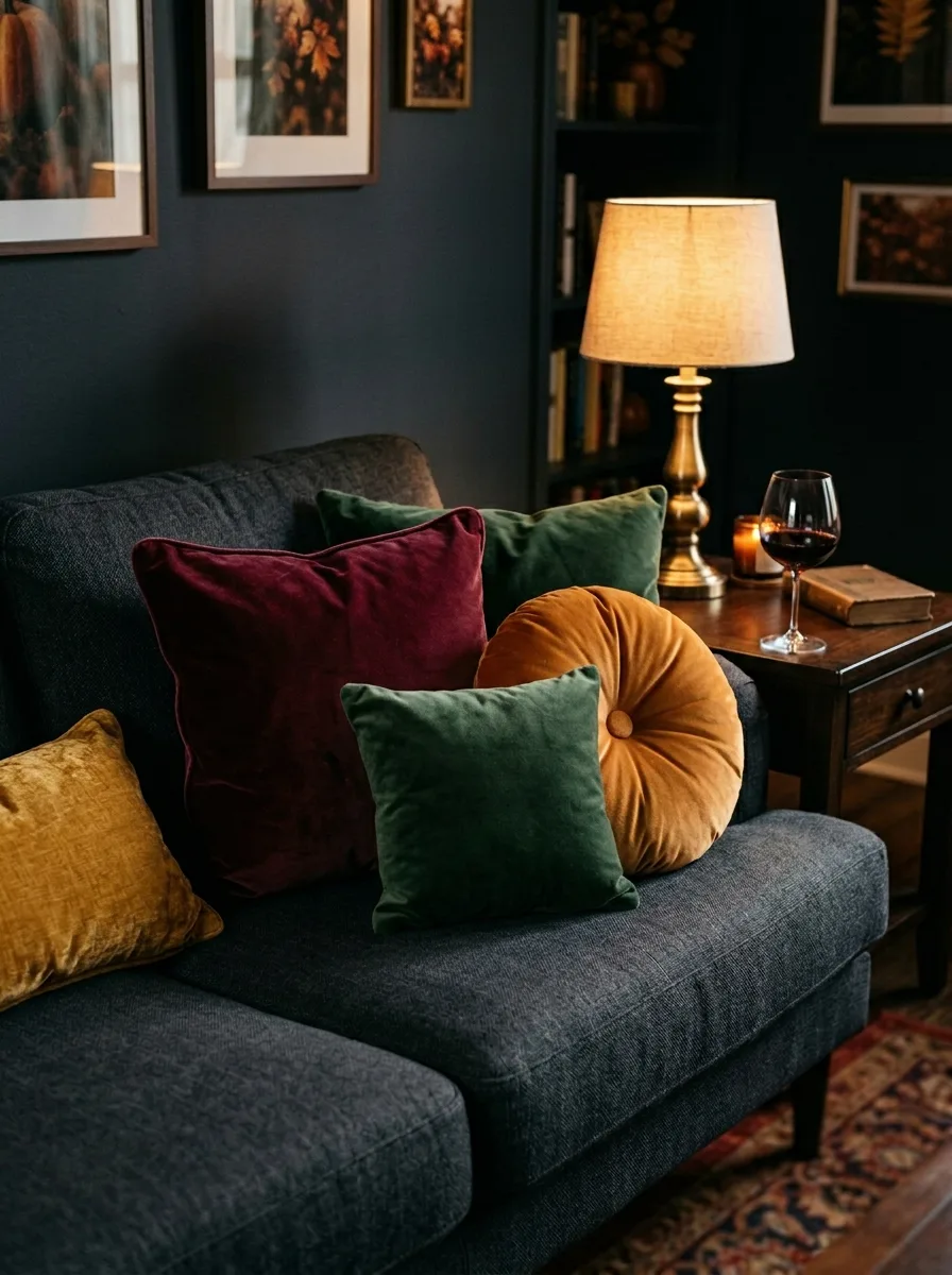 Dark upholstered sofa featuring velvet cushions, table lamp, patterned rug, candlelight, and moody interior styling.