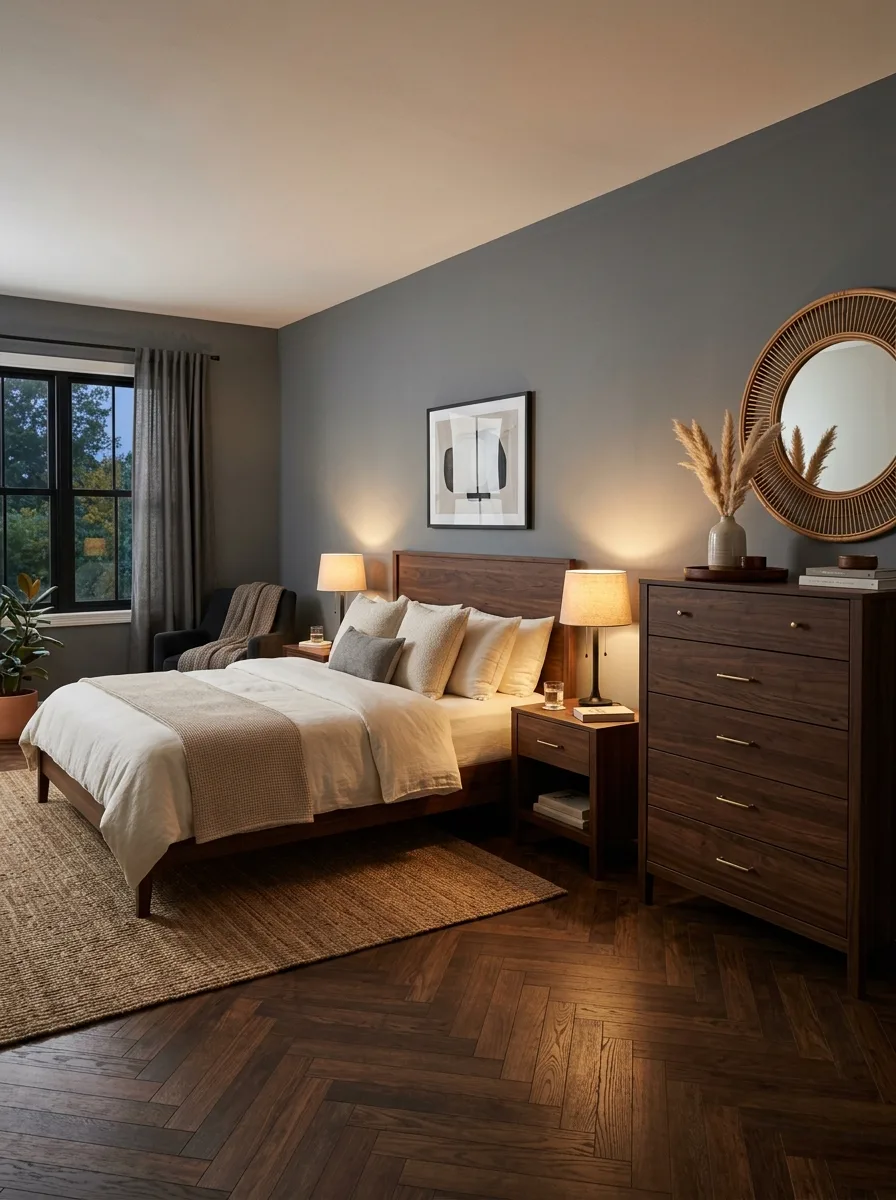 17 Dark Elegant Bedroom Ideas That Feel Cozy, Not Heavy 16 Dark walnut bed frame nightstands and dresser in slate gray bedroom with cream bedding rattan mirror and warm lamplight