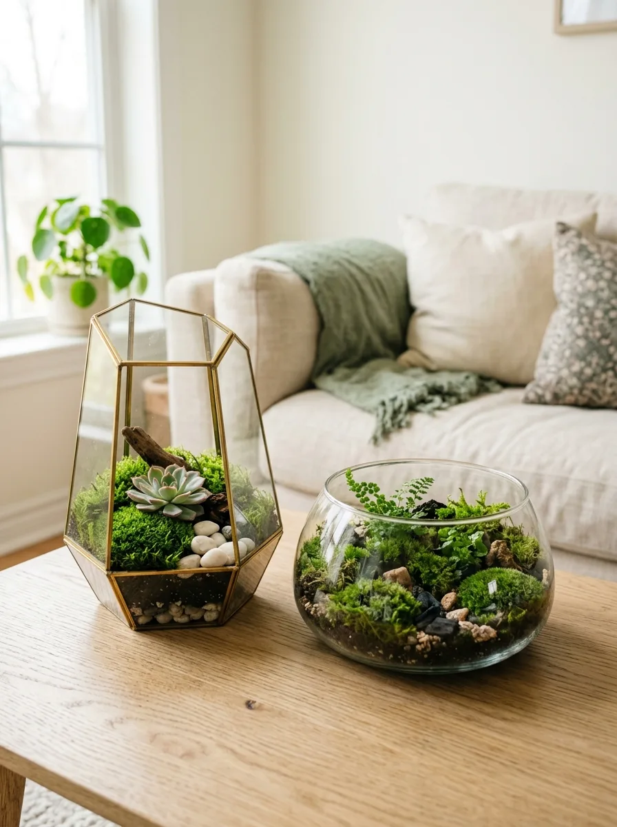 Two glass terrariums containing moss, succulents, stones, and greenery displayed on a wooden coffee table.