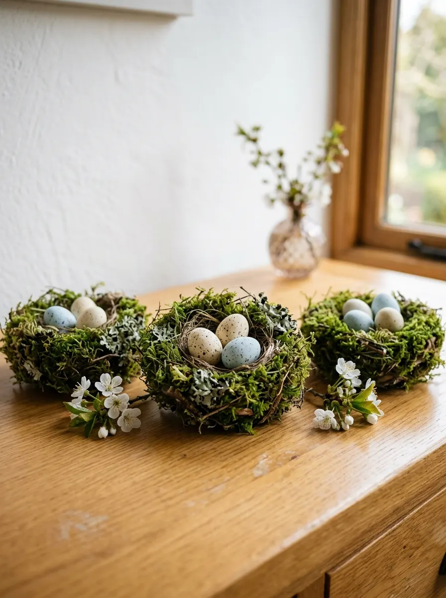 Three handcrafted moss nests filled with speckled eggs arranged on a wooden surface beside spring blossoms.