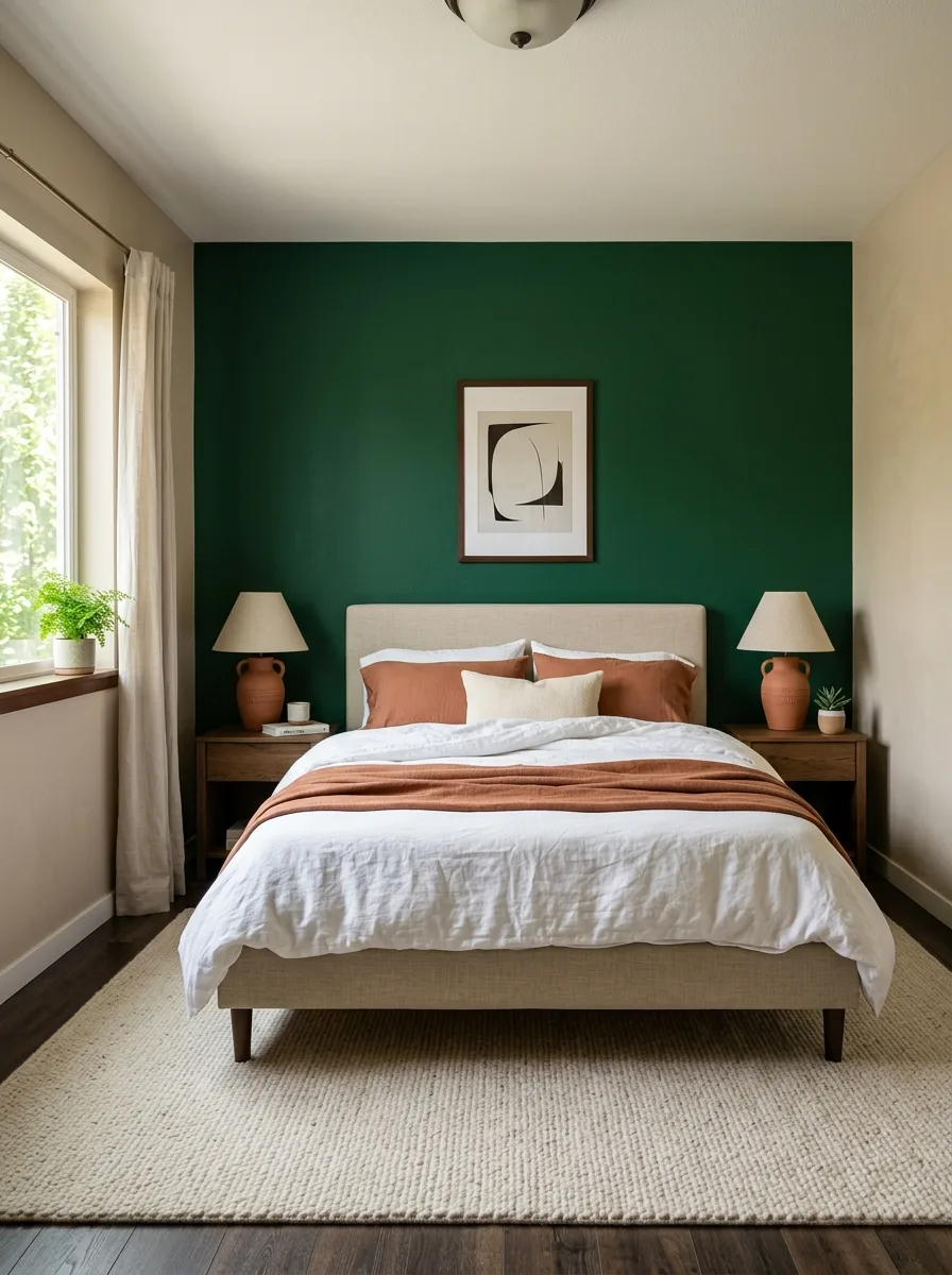 17 Dark Elegant Bedroom Ideas That Feel Cozy, Not Heavy 4 Deep emerald green accent wall behind bed with neutral linen headboard warm wood floors and cream rug in cozy dark bedroom