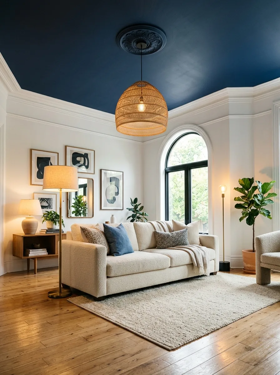 Indigo blue painted ceiling in a bright living room with white walls, cream sofa and warm pendant light