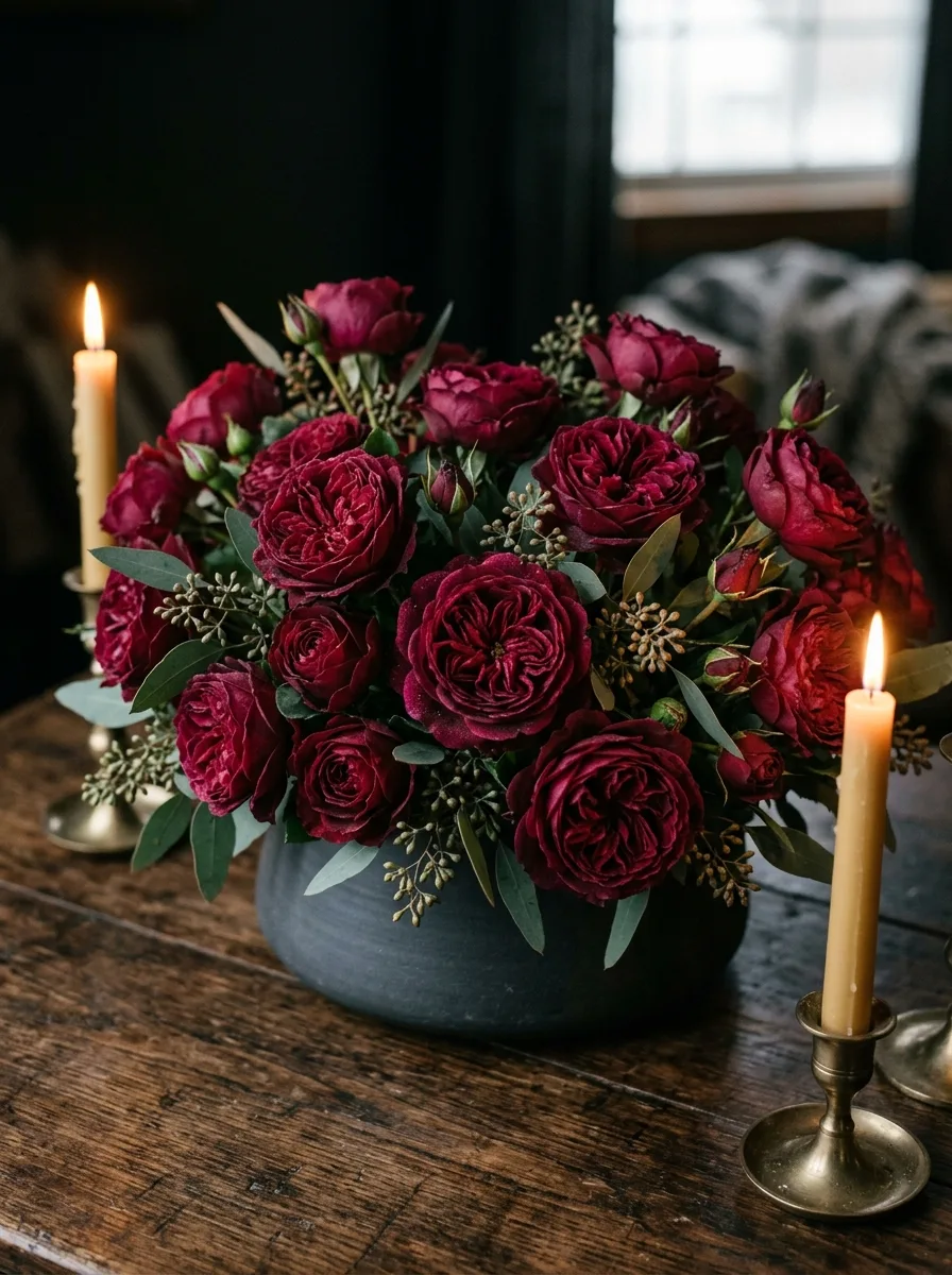 Lush arrangement of dark red garden roses in a ceramic bowl beside brass candlesticks on a wood table.