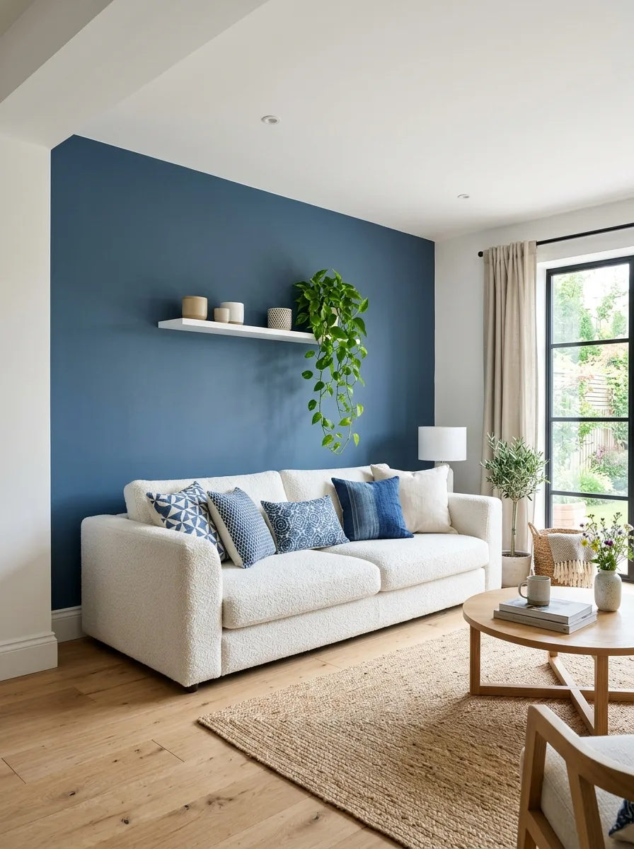Denim blue accent wall behind white sofa in a blue white room decor setting with floating shelf