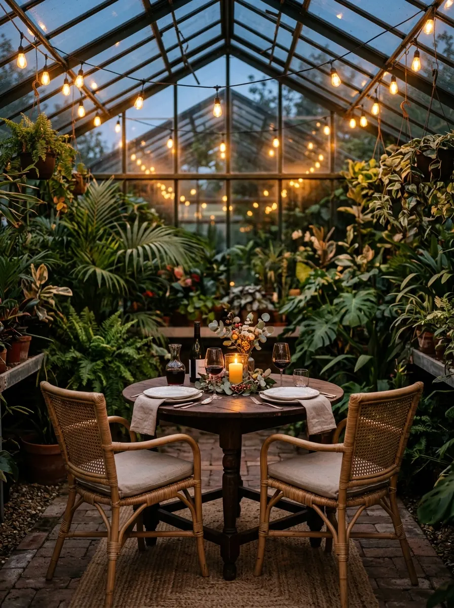 Intimate evening dining setup inside home greenhouse ideas space with round wood table, rattan chairs, candles and Edison string lights