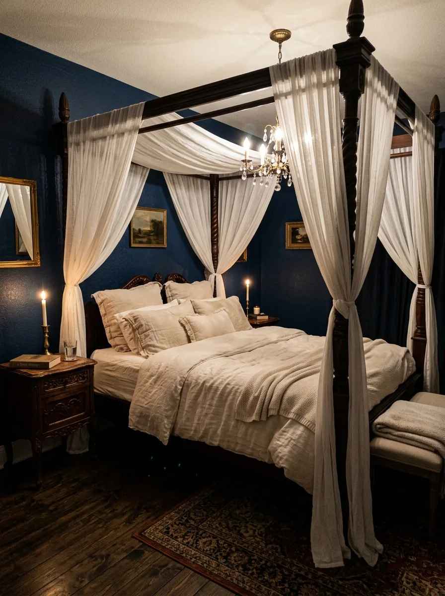 17 Dark Elegant Bedroom Ideas That Feel Cozy, Not Heavy 10 Four-poster canopy bed with sheer white draping against navy blue dark bedroom walls with romantic brass chandelier and candlelight