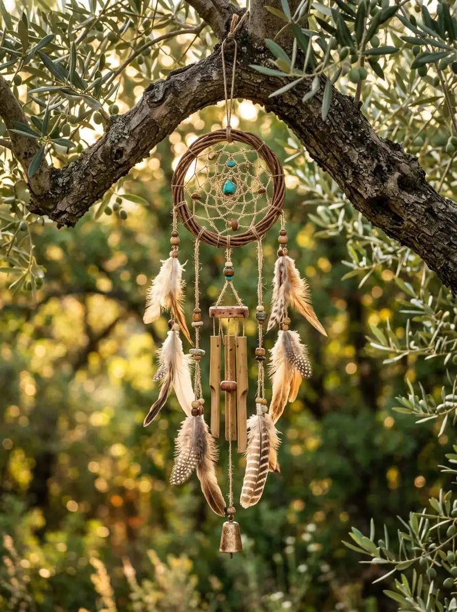 Handmade dreamcatcher wind chimes with feathers and beads hanging from a tree branch in a free-spirited garden