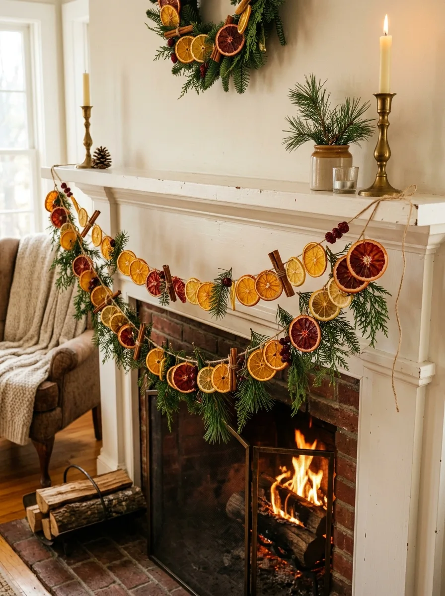 Fireplace mantel decorated with dried orange garlands, evergreen branches, brass candlesticks, and seasonal accents.