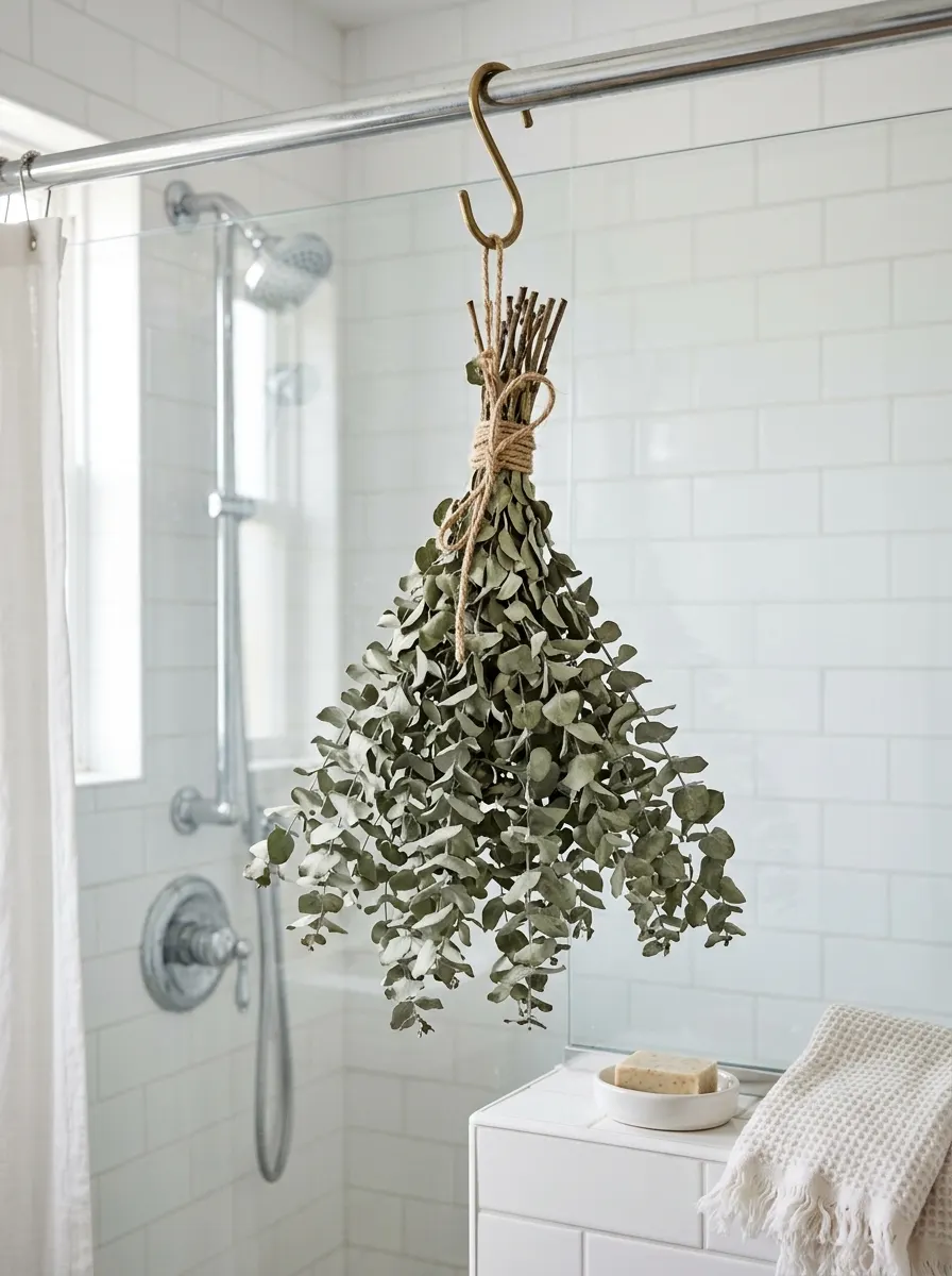 Dried eucalyptus bundle suspended from a shower rod in a white tiled bathroom with soft natural light.