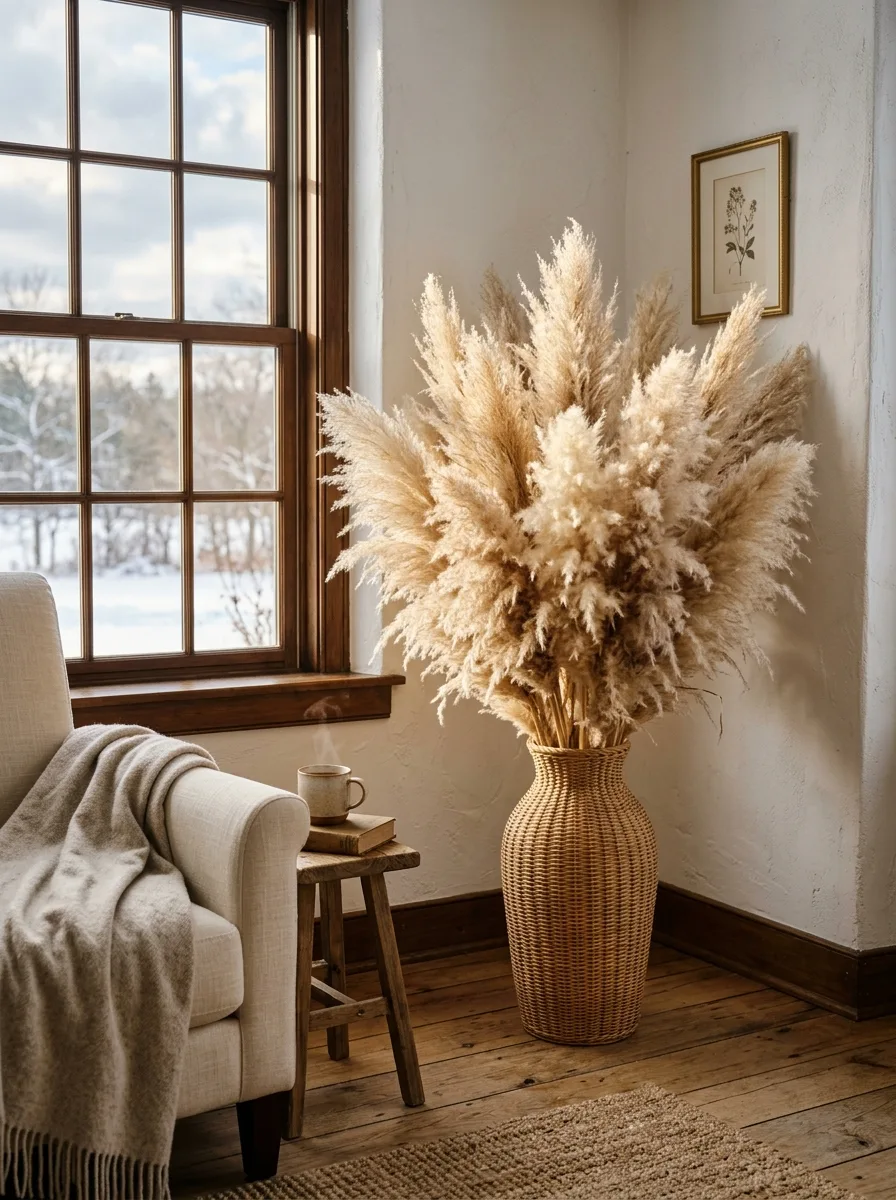 Large dried pampas grass display in a woven floor vase beside an armchair in a cozy neutral living room.