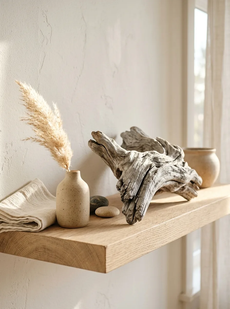 Floating wood shelf styled with driftwood, ceramic vase, pampas grass, stones, and soft neutral coastal accents.