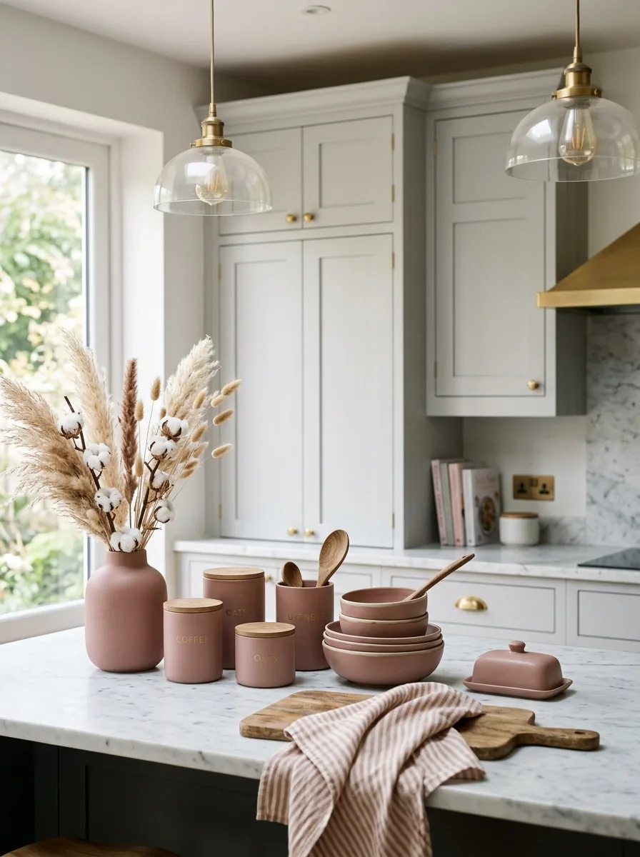 Pale grey kitchen with dusty rose ceramic accents and gold hardware warm neutral kitchen color