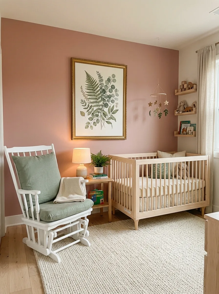 14 French-Inspired Nursery Ideas That Never Feel Outdated 5 Dusty rose accent wall and sage green cushion in an elegant classic nursery design ideas space