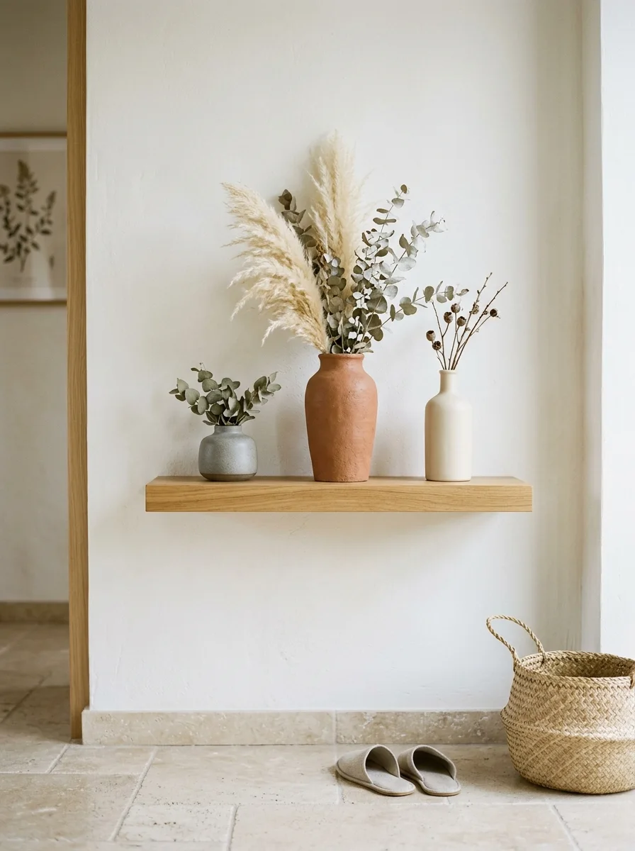 Japandi entryway decor with matte earthy ceramics, dried pampas grass and eucalyptus stems on warm wood shelf