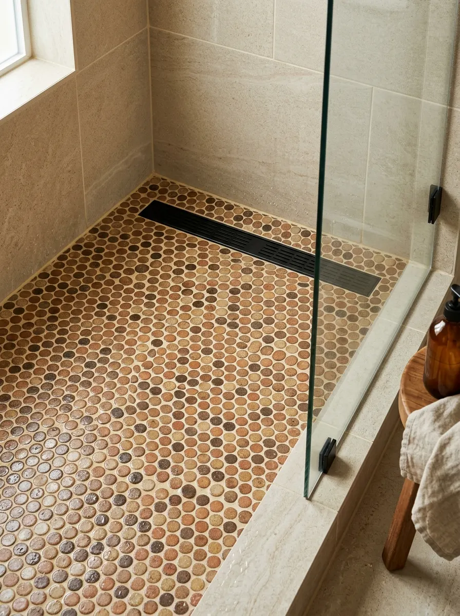 Penny round mosaic shower floor in terracotta brown and beige in a neutral bathroom ideas artisan shower