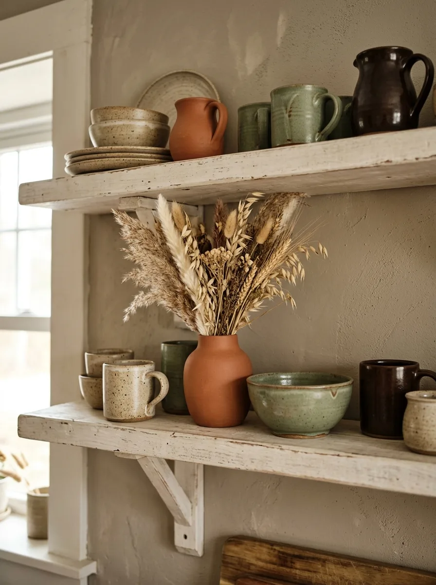 Earthy Stoneware Pottery Display on Kitchen Open Shelves