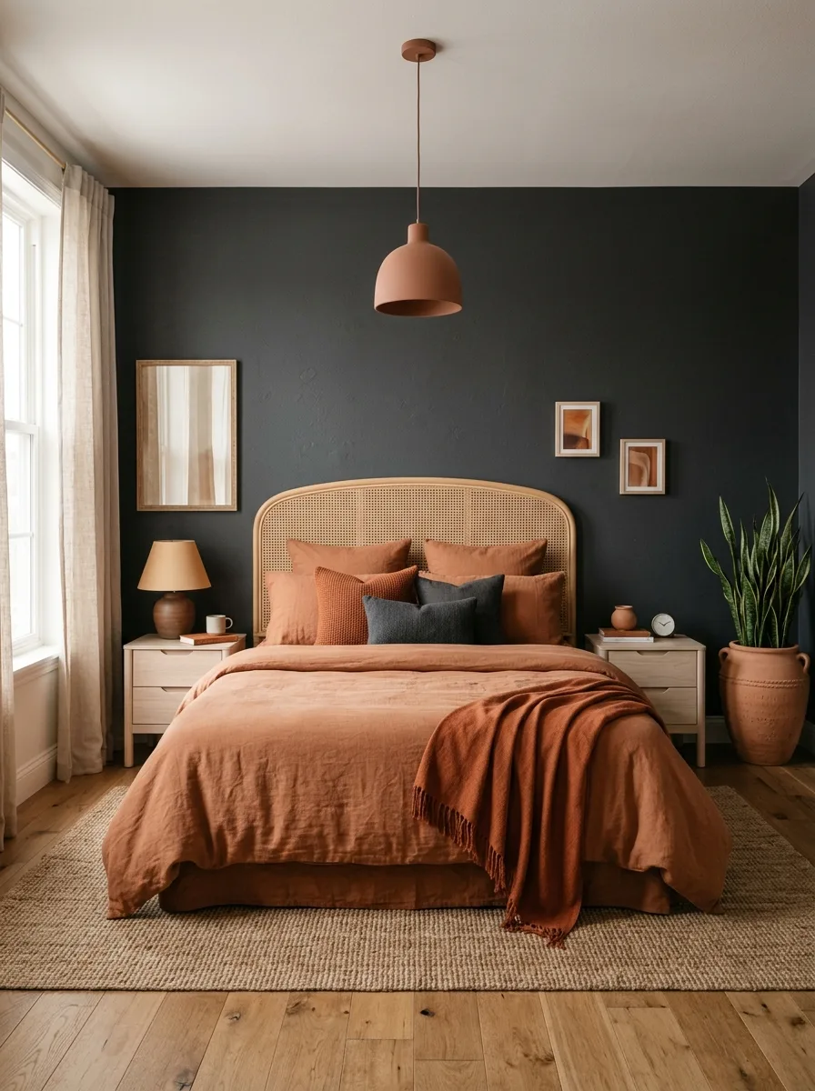 17 Dark Elegant Bedroom Ideas That Feel Cozy, Not Heavy 13 Charcoal gray bedroom walls with terracotta linen bedding rust pillows rattan headboard and pale wood furniture in earthy dark bedroom