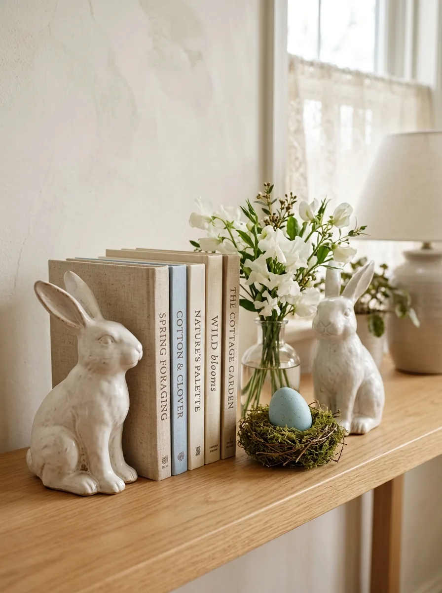 Wood console shelf decorated with ceramic bunny figurines, stacked books, white flowers and a moss nest egg.