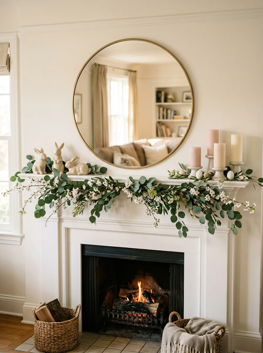 White fireplace mantel decorated with eucalyptus garland, bunny figurines, candles and seasonal spring accents.