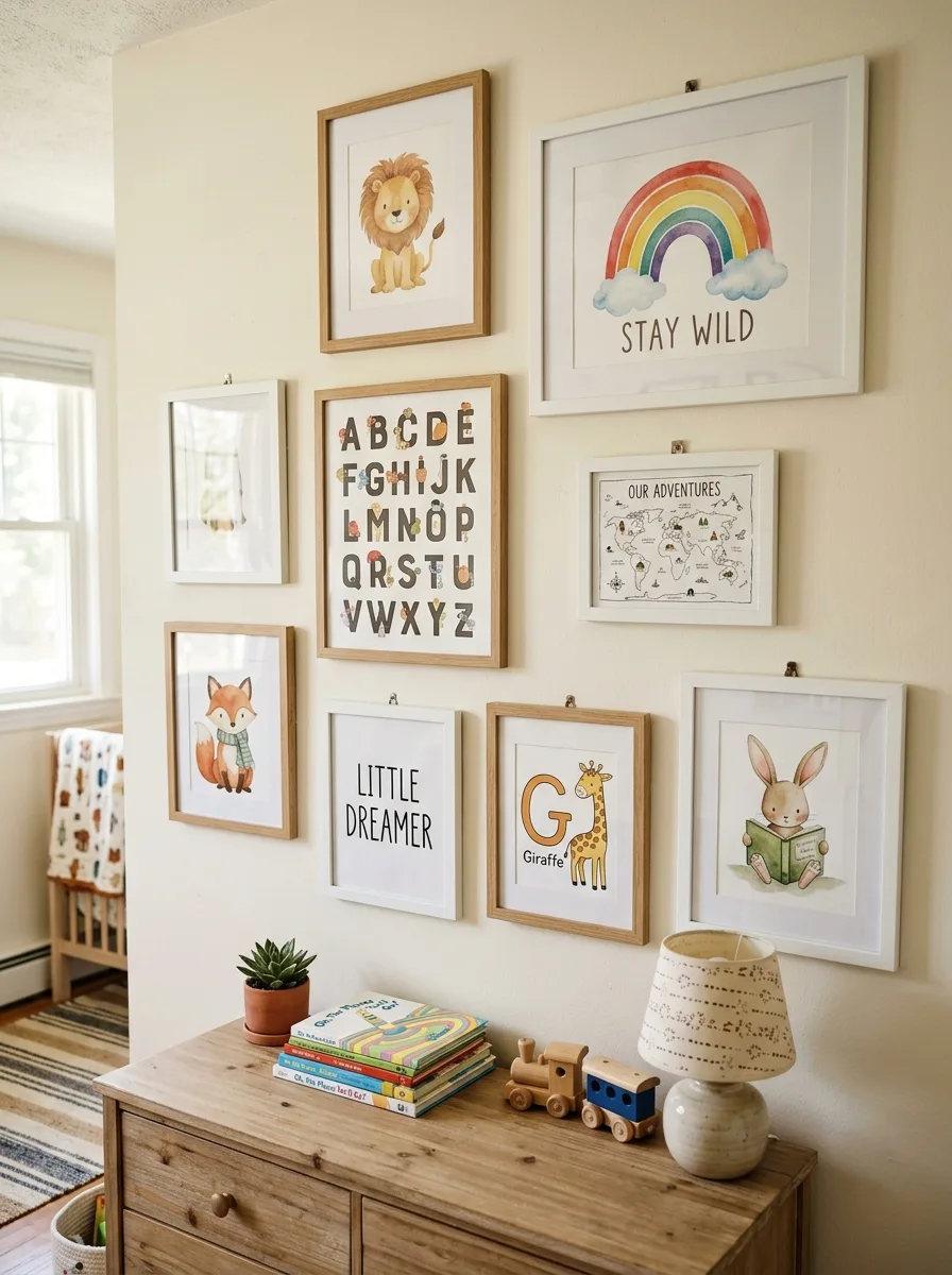 Gallery wall of illustrated animal prints, watercolor art, and alphabet letters in mixed frames in a kids bedroom