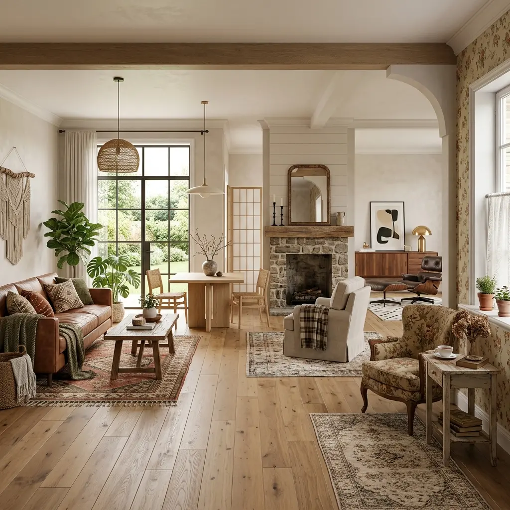 Eclectic Living Room with Stone Fireplace and Natural Wood