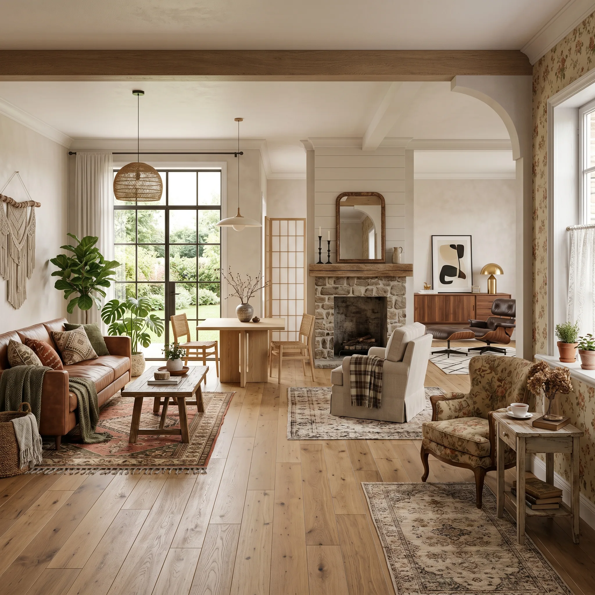 Eclectic Living Room with Stone Fireplace and Natural Wood