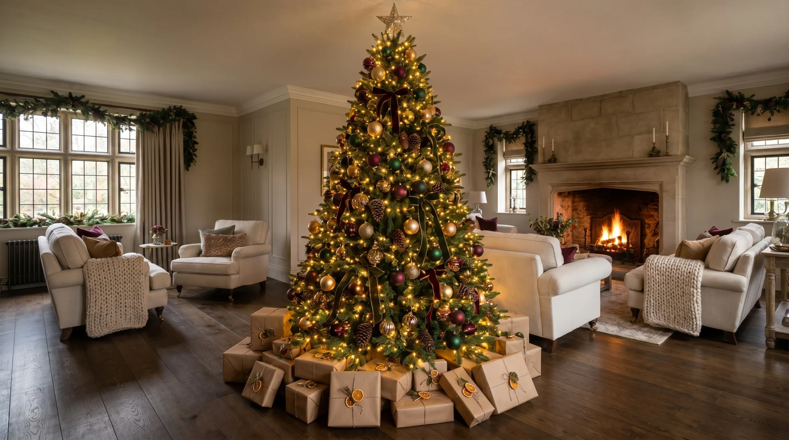 Large Christmas tree with warm lights, gold and burgundy ornaments, wrapped gifts, and a cozy living room fireplace.