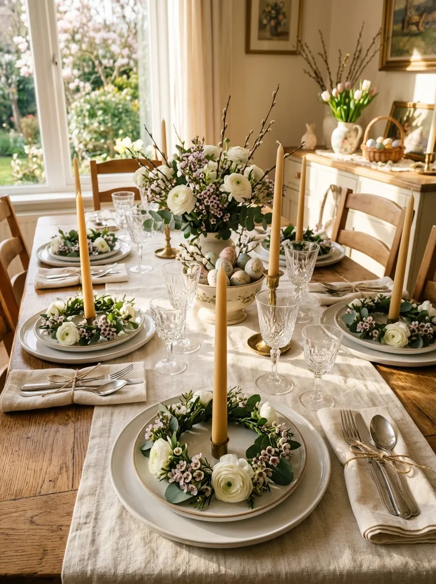 Formal dining table featuring floral wreath place settings, taper candles, glassware and spring centerpiece decor.