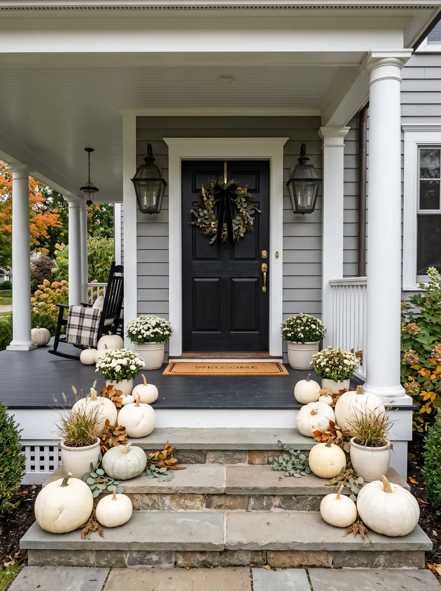 Front porch entry styled with white pumpkins, potted mums, lanterns, and a black front door with wreath.
