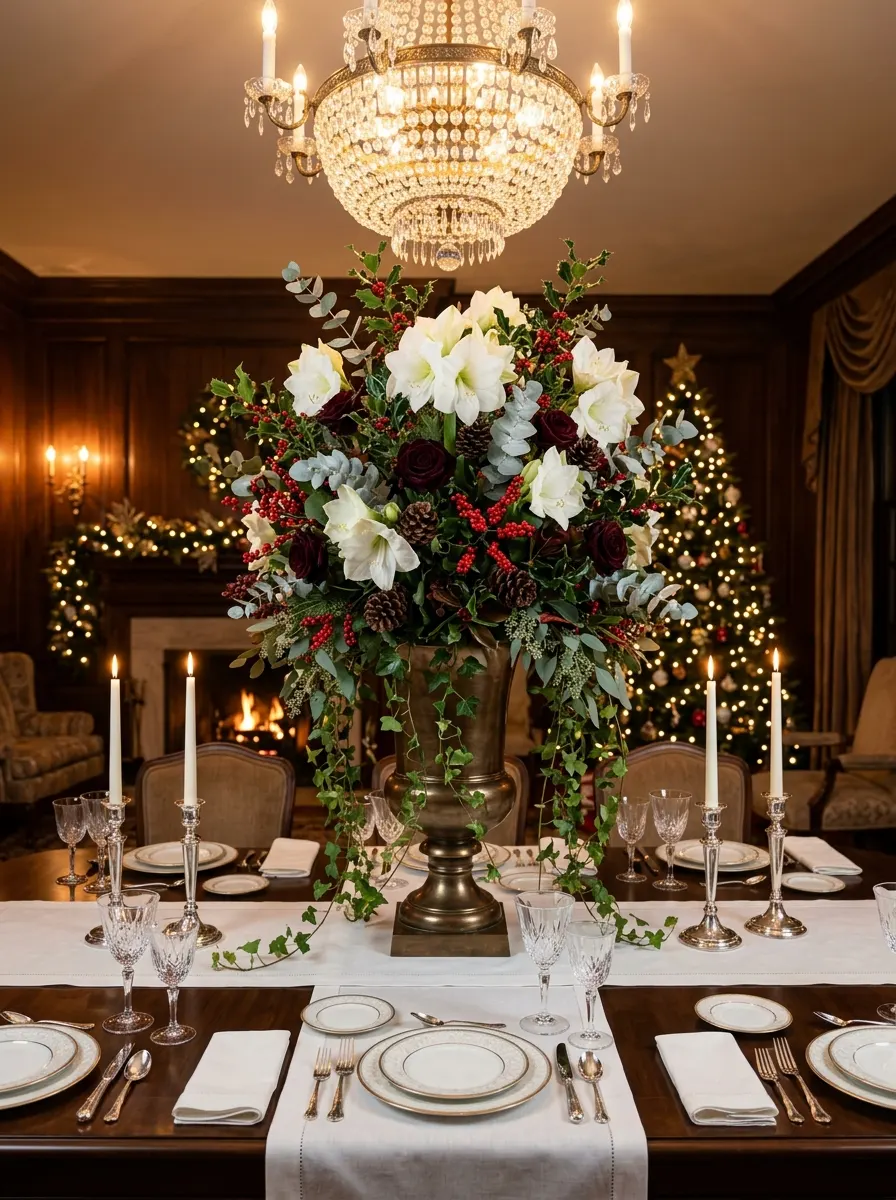 Tall floral arrangement with white blooms, berries, and greenery displayed on a festive dining table.