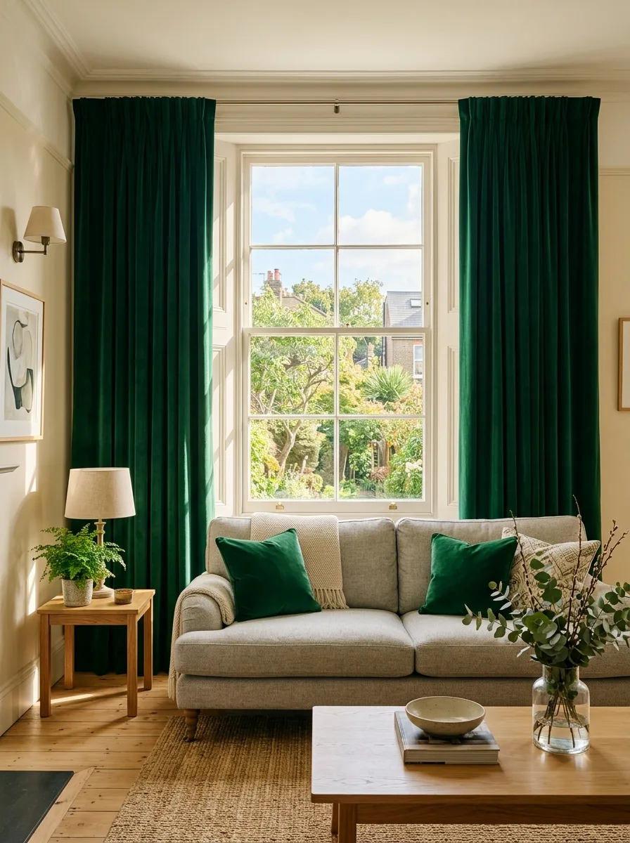 Floor-to-ceiling emerald, green velvet curtains in a bright living room with light grey sofa and oak floor
