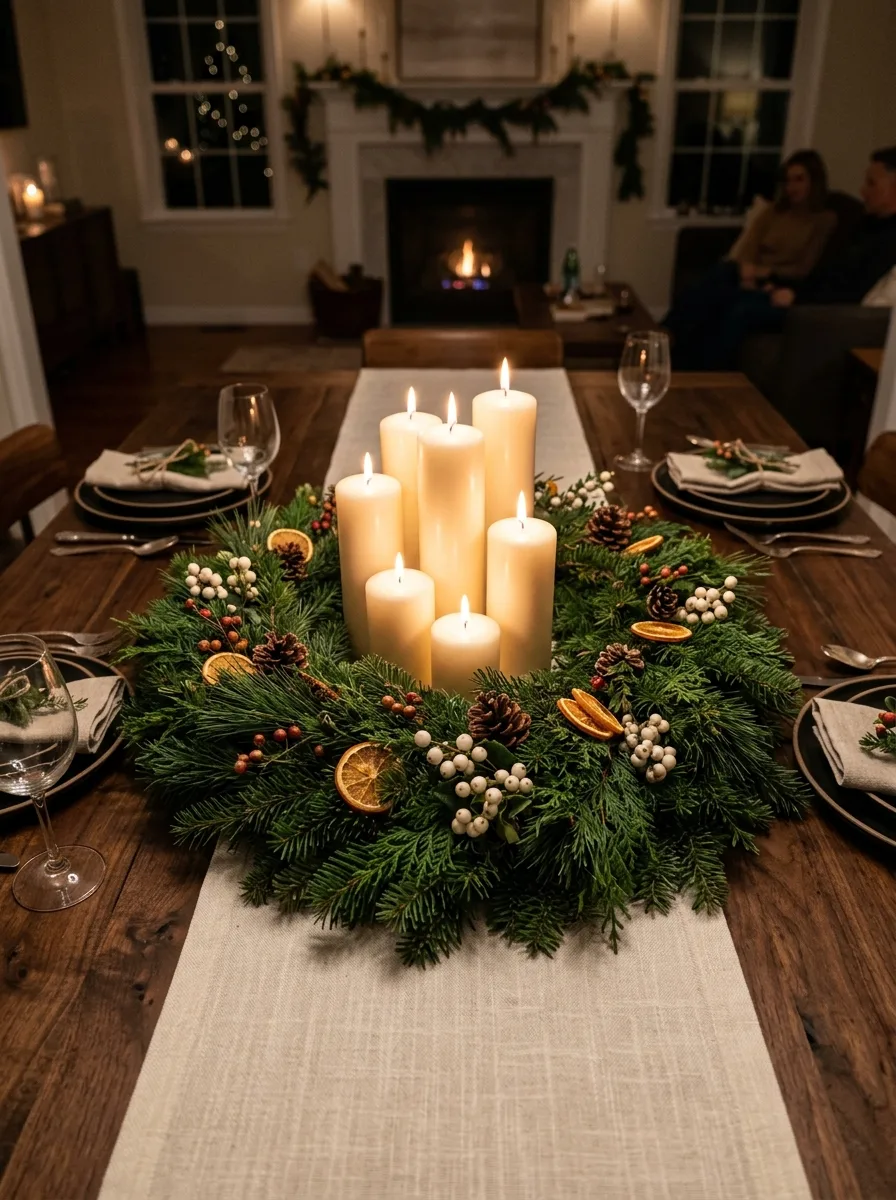 Round evergreen centerpiece with pillar candles, pinecones, berries, and dried citrus on a dining table runner.