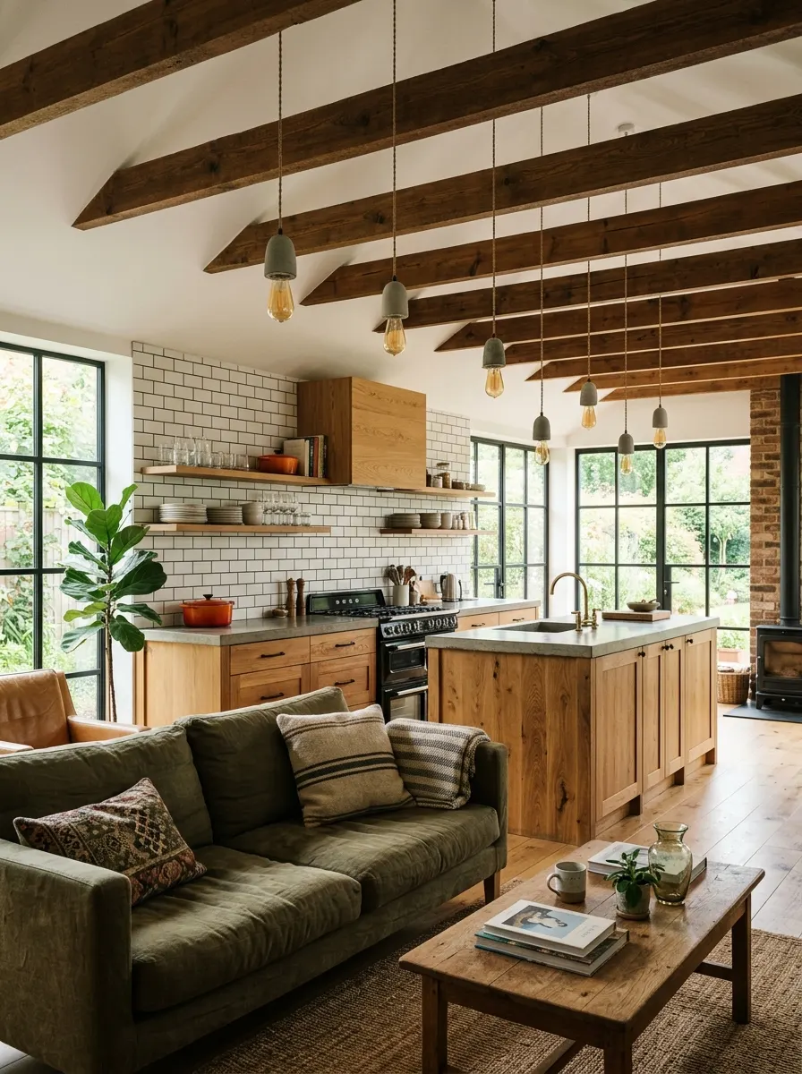 Open kitchen and living area with dark exposed wood beams across a white ceiling, showcasing industrial ceiling decor ideas