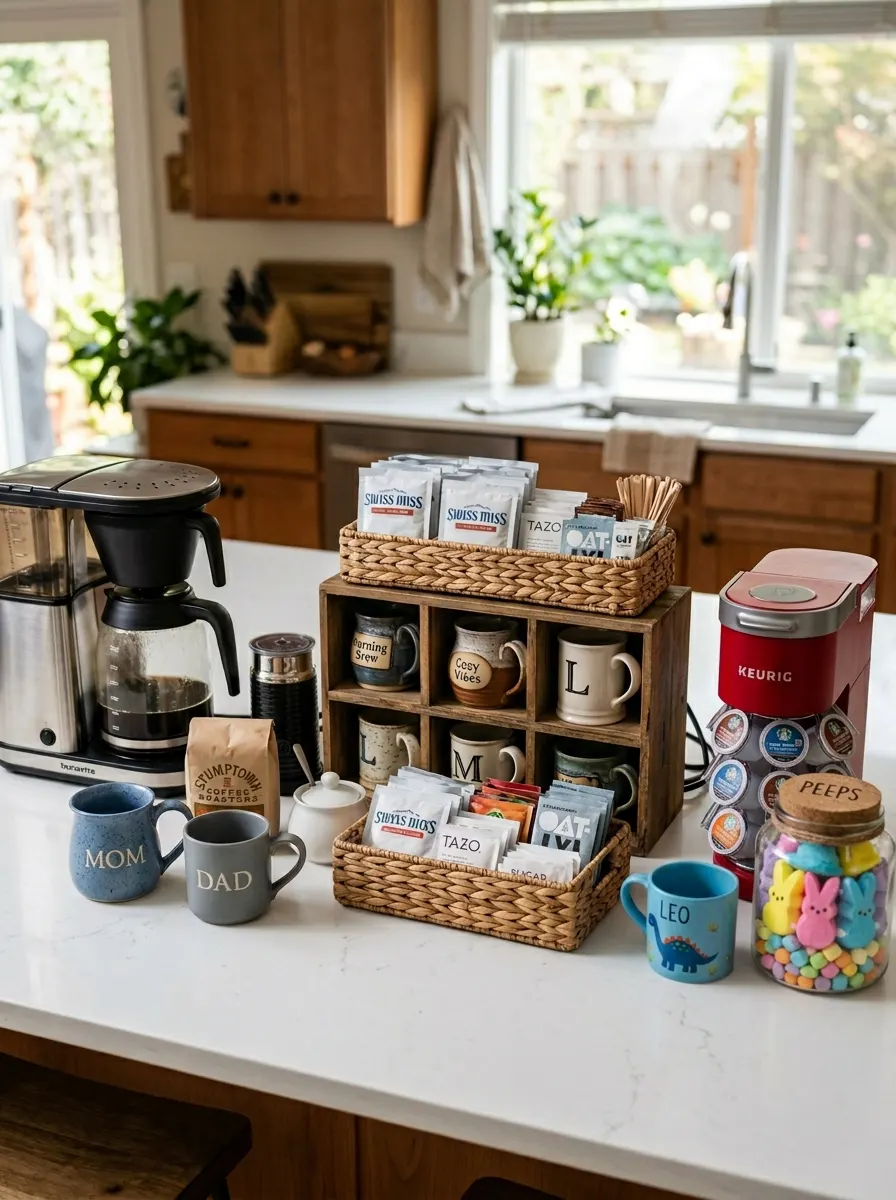 Family beverage station with drip coffee maker, cocoa pod machine, ceramic mugs, and wooden organizer on wide white kitchen counter.