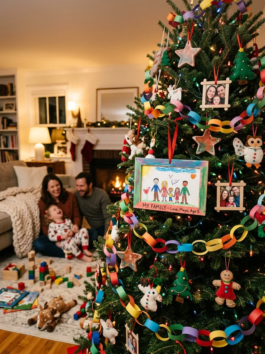 Personalized Christmas tree displaying family photos, children's crafts, colorful paper chains, and festive decorations.