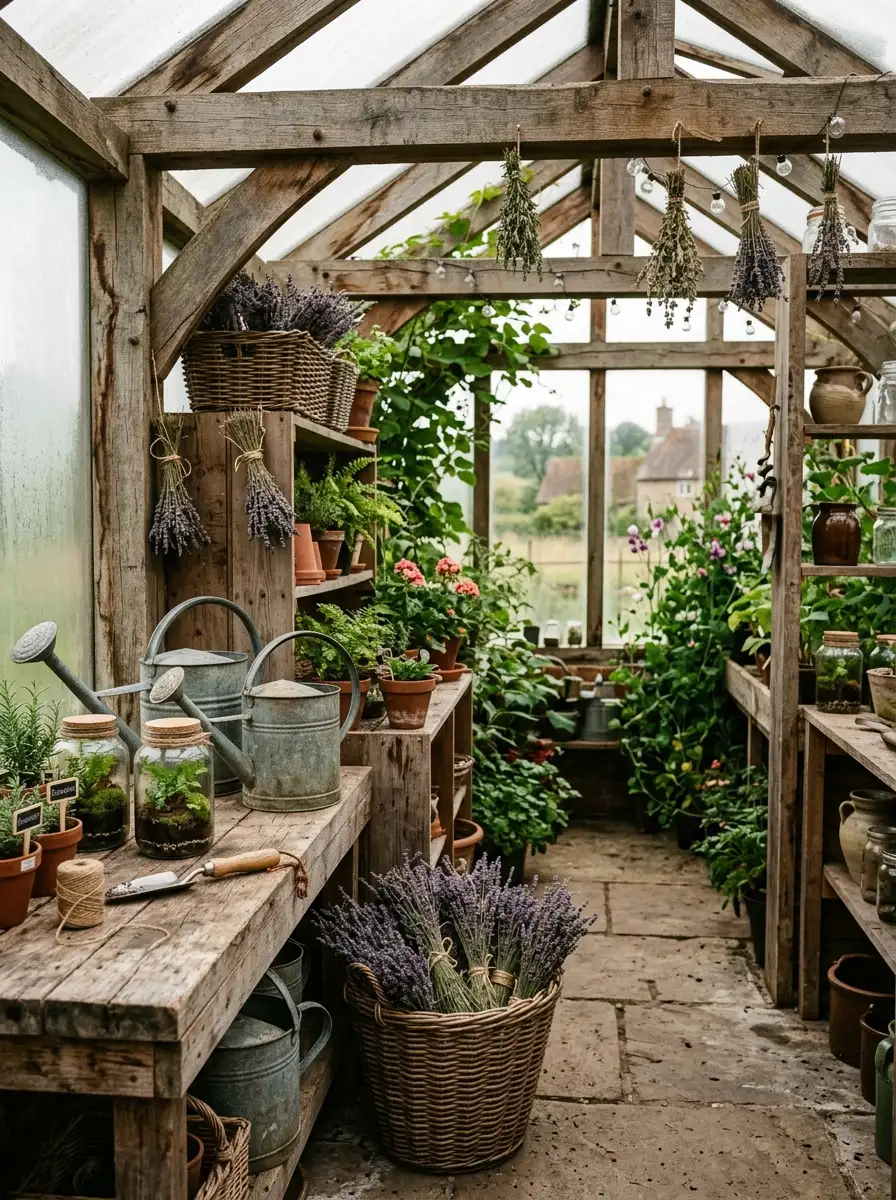 Rustic farmhouse greenhouse interior with reclaimed timber benches, galvanized watering cans and wicker baskets of lavender in warm light