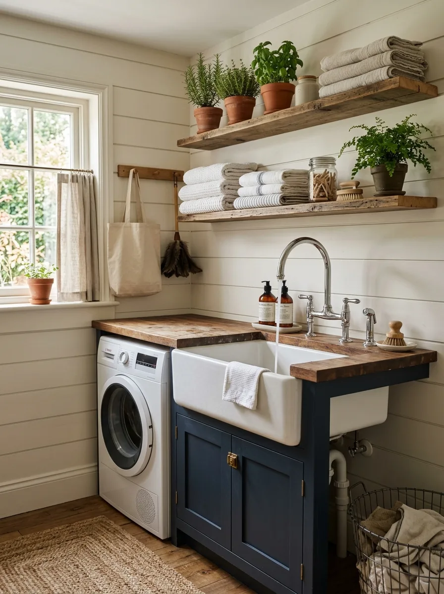 Deep white farmhouse utility sink with chrome faucet in small laundry room with shiplap wall — compact laundry room design