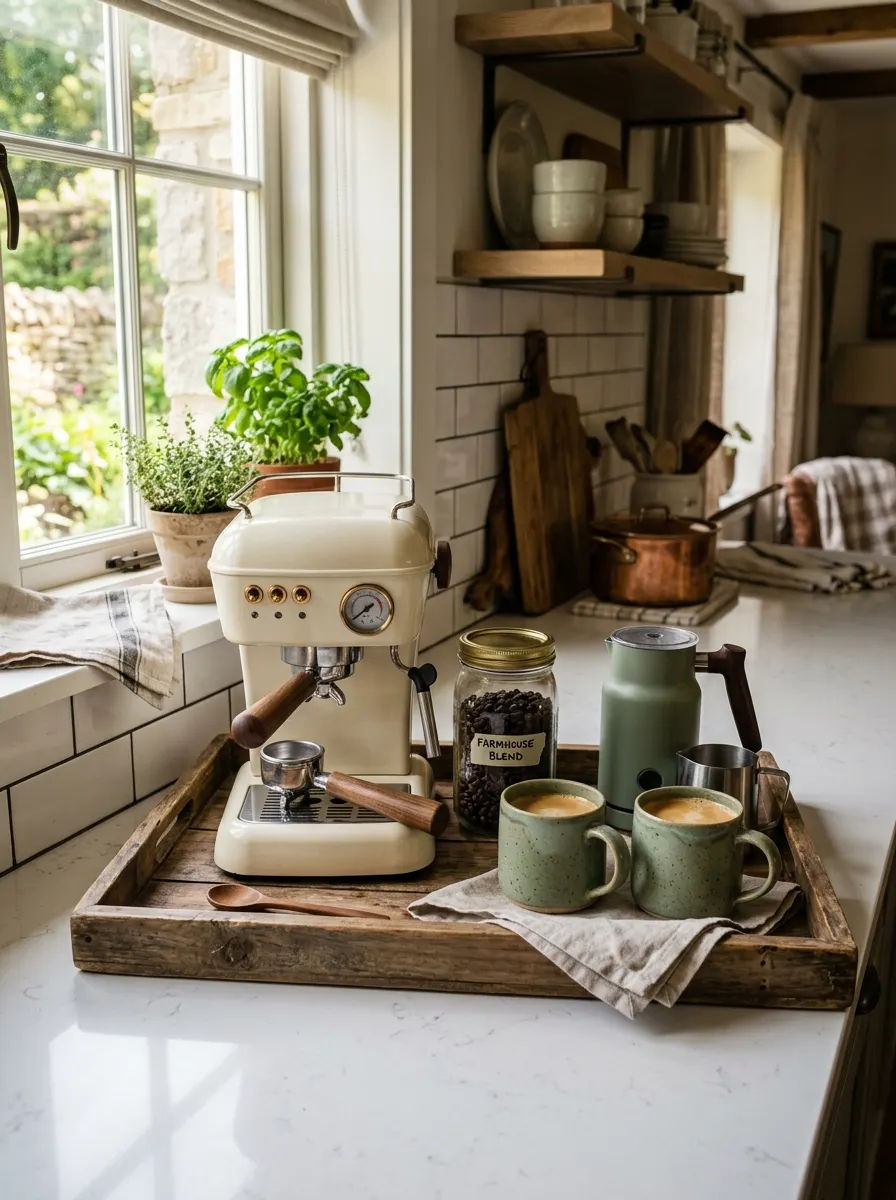 Rustic farmhouse coffee bar ideas on a wooden tray with cream espresso machine, sage green mugs, and mason jar of beans on white quartz.
