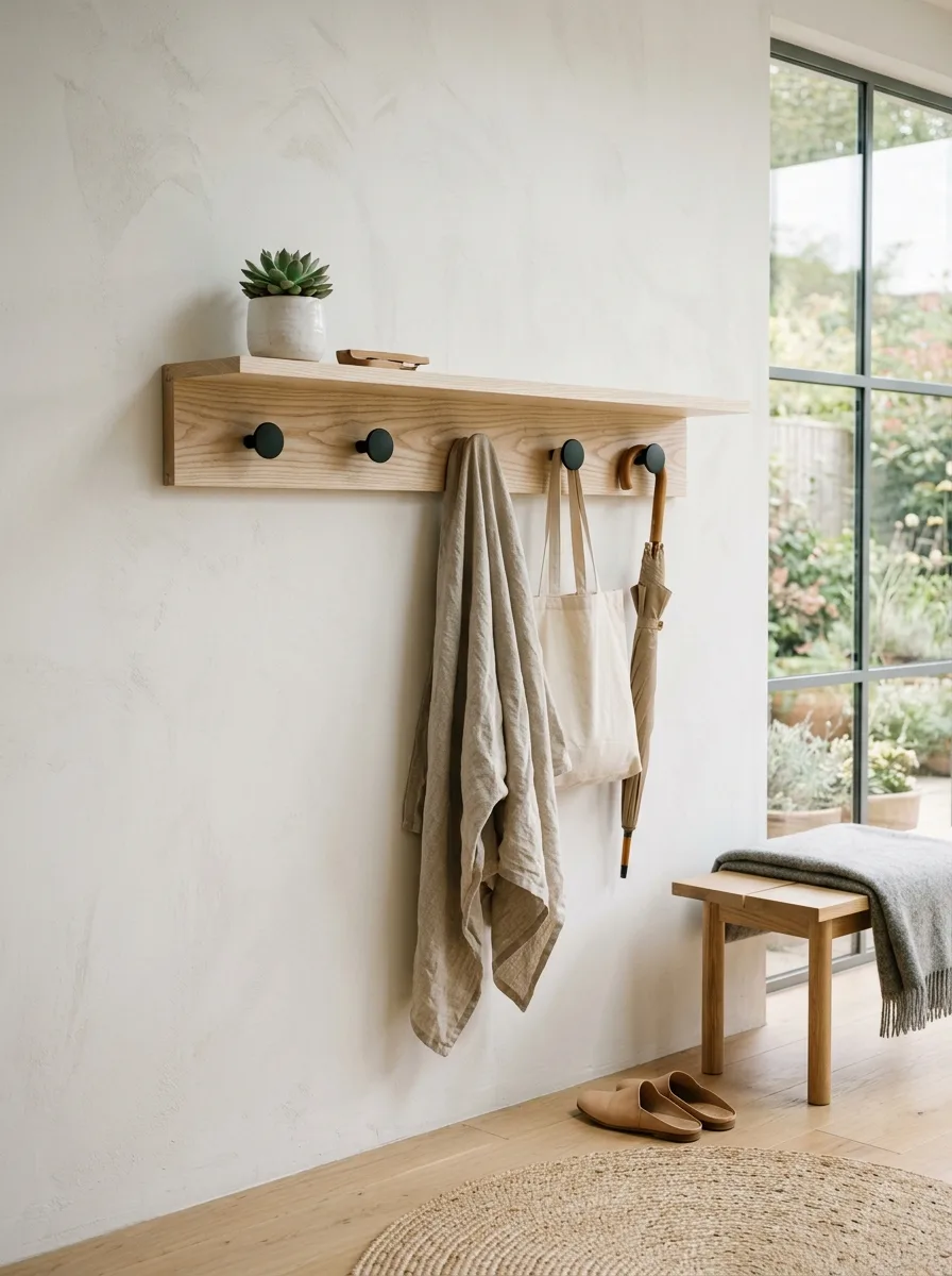 Japandi entryway design with pale ash floating shelf, matte black hooks, ceramic pot and natural light