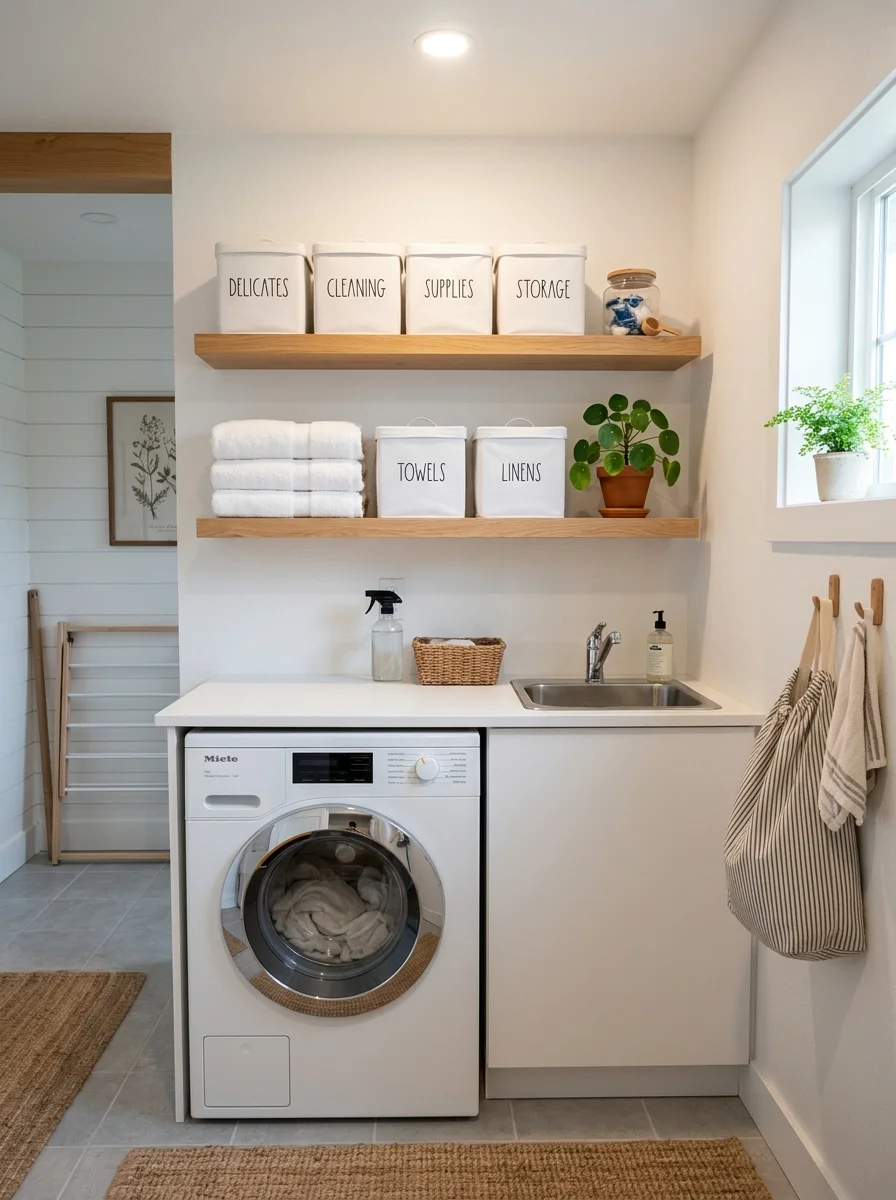 Oak floating shelves above washer holding white bins and folded towels — tiny laundry room makeover idea