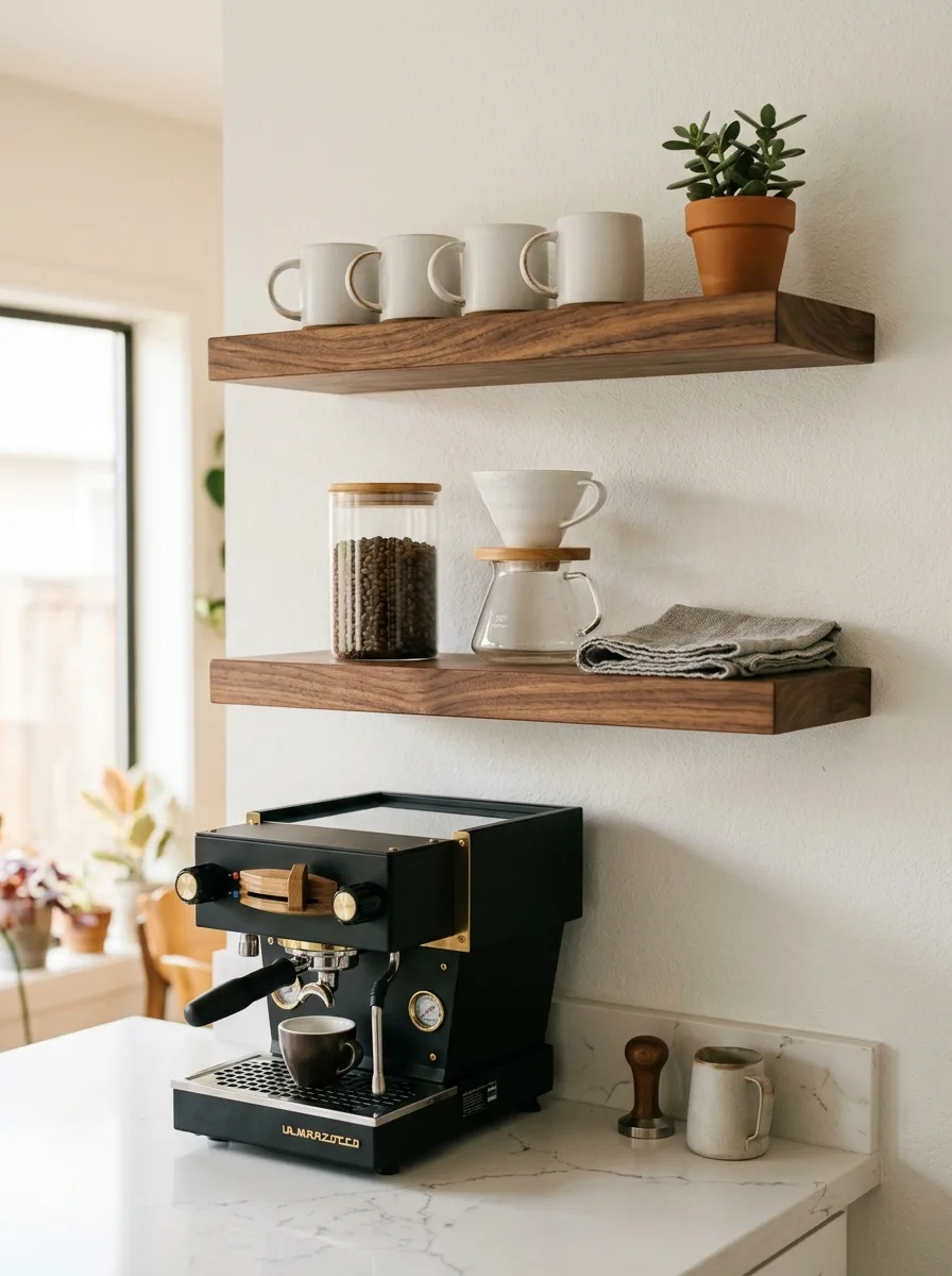Floating walnut shelves with matte white mugs, glass coffee canister, and black espresso machine — clean coffee corner ideas at home.