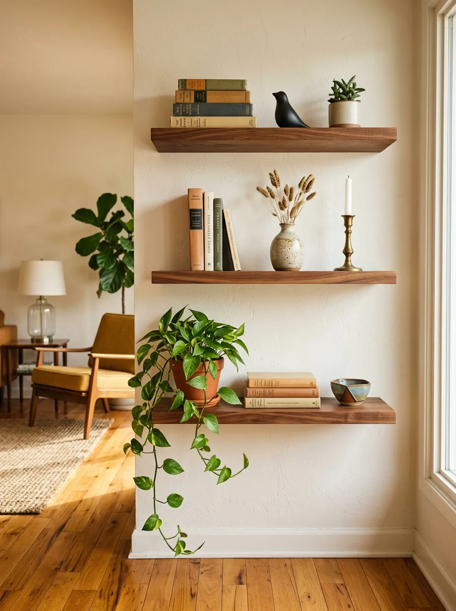 Floating walnut shelves displaying books, ceramics, candles, and trailing houseplants against a light wall.