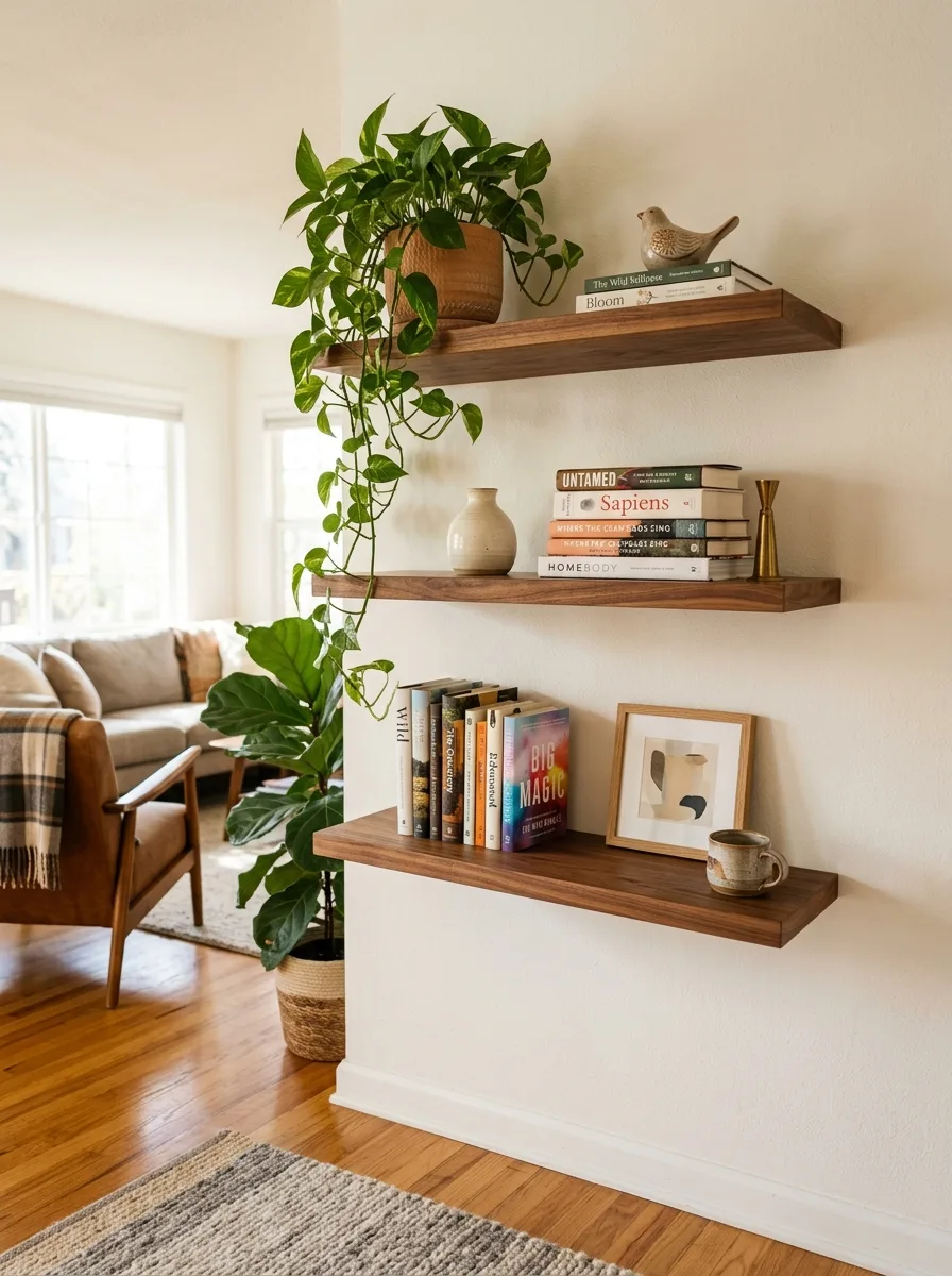 Walnut floating shelves displaying books, ceramics, and trailing plants in a bright living room corner.