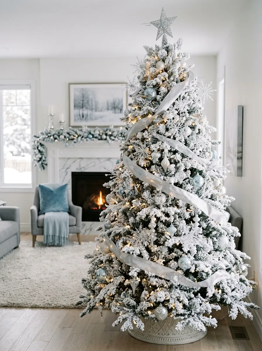 Snow-covered Christmas tree decorated with silver ornaments, white ribbon, and frosted branches in a bright room.