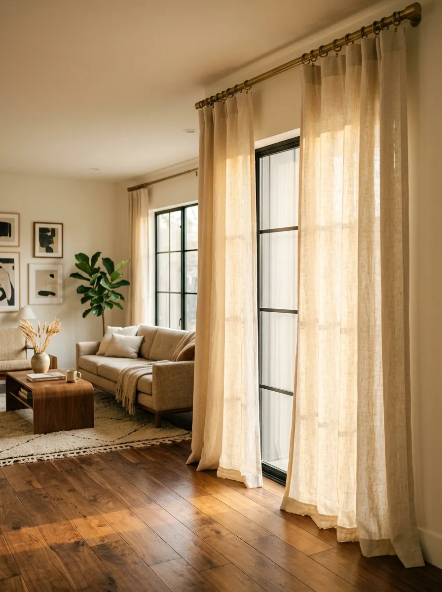 Neutral living room with sheer floor-length curtains, wood flooring, large windows, and soft natural light.