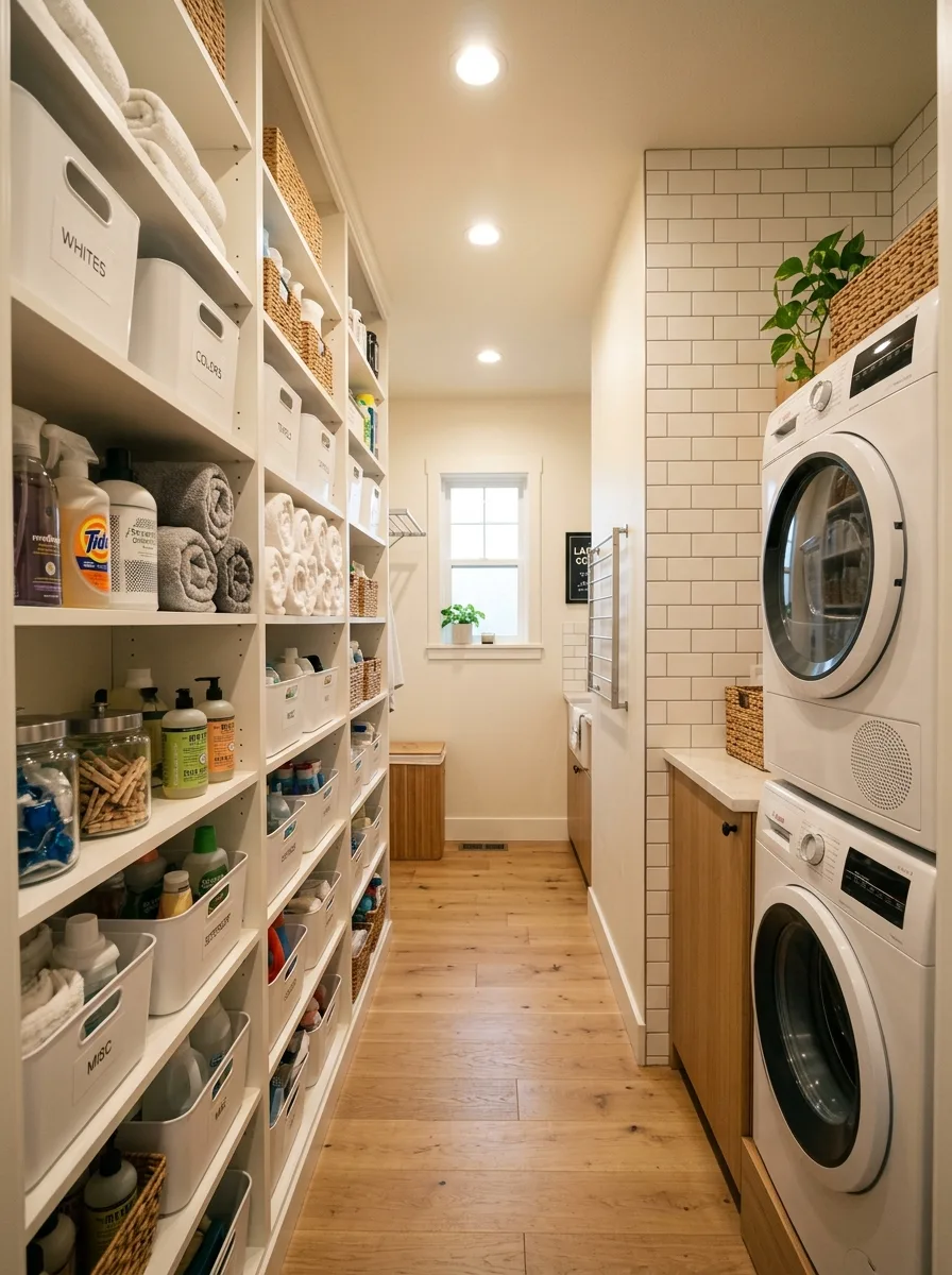 Floor-to-ceiling white shelving in narrow laundry room with labeled bins and rolled towels — laundry room ideas for small spaces