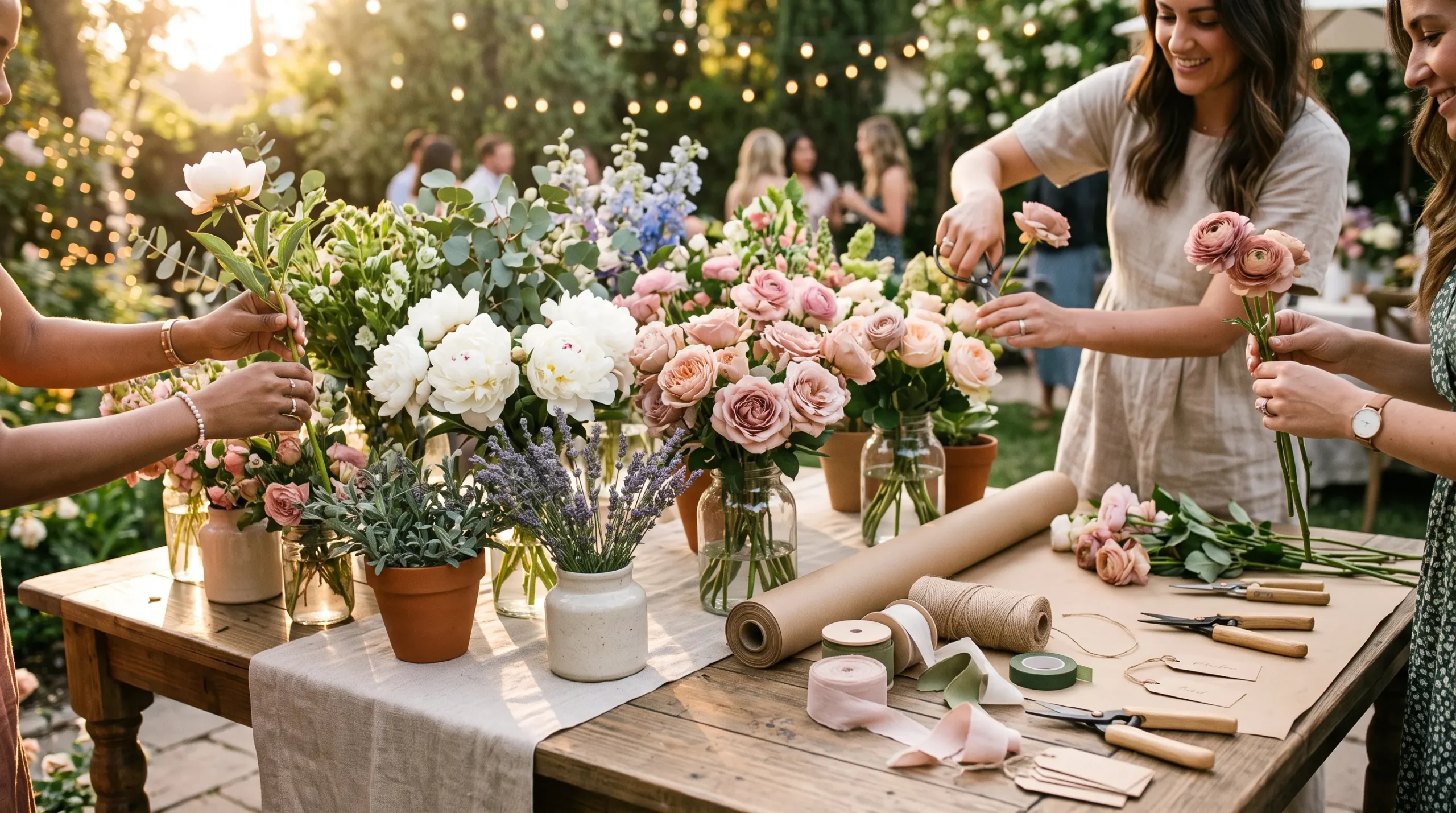 An elegant outdoor flower bar ideas setup with peonies, roses, and eucalyptus arranged in glass vases on a farmhouse table