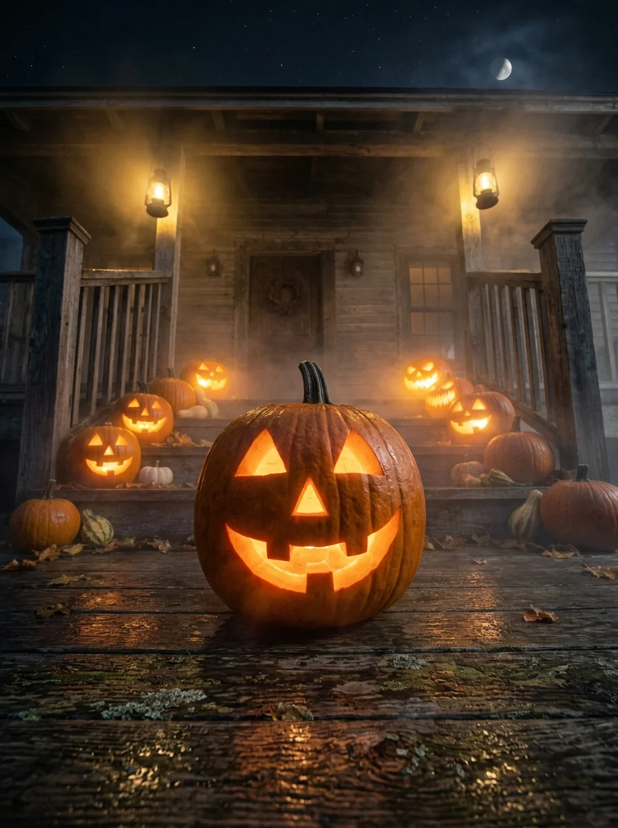 Wooden porch at night featuring illuminated jack-o'-lanterns, lantern lighting, fog effects, and autumn decor.