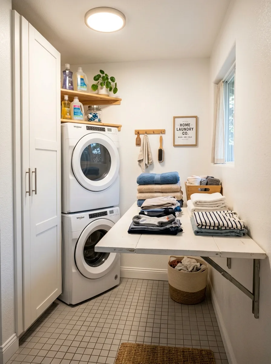 White fold-down wall table in a compact laundry room with tile floor — small washer dryer room solution