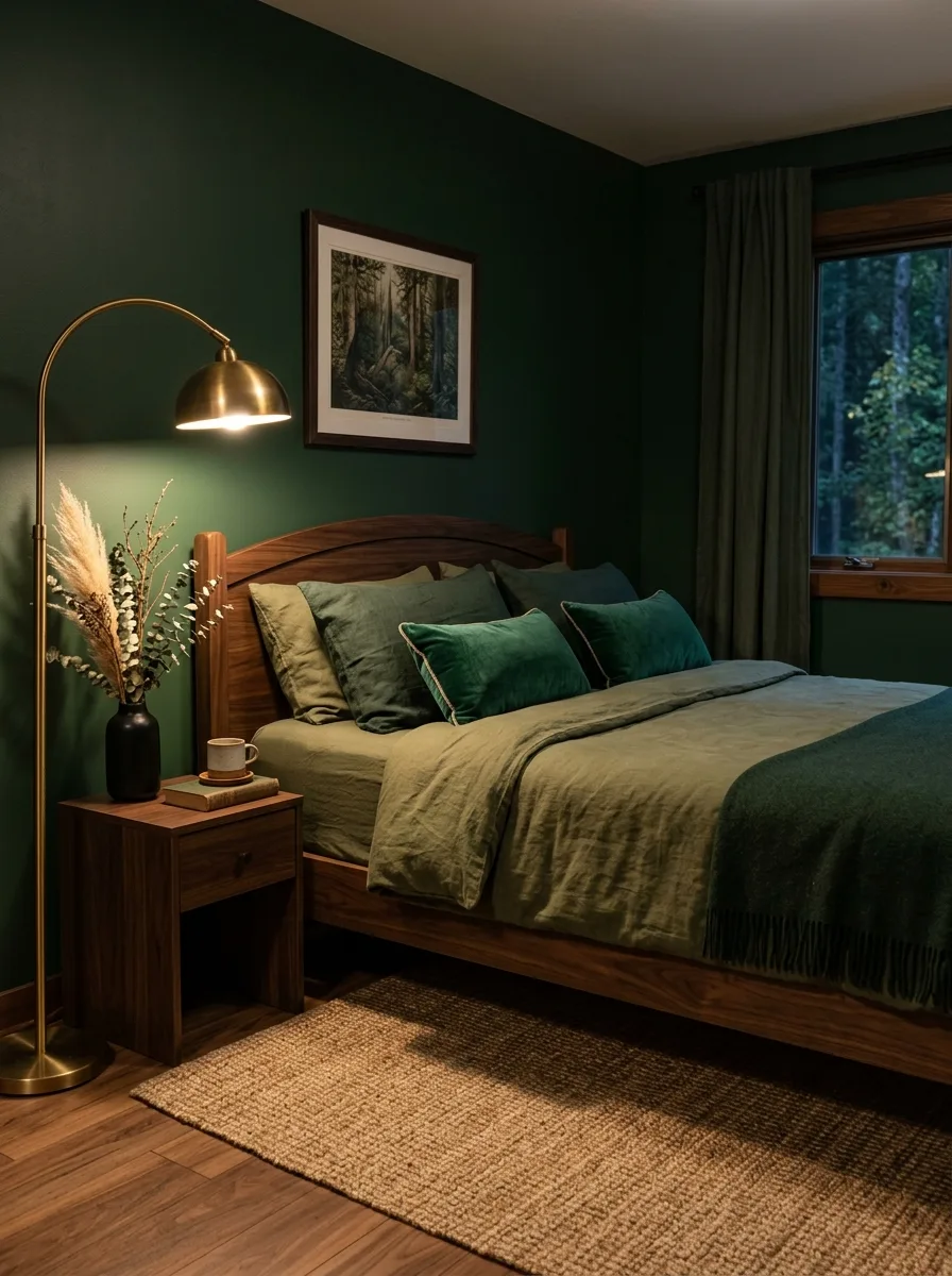 17 Dark Elegant Bedroom Ideas That Feel Cozy, Not Heavy 9 Forest green bedroom with hunter green walls olive linen duvet dark walnut bed frame velvet pillows and warm brass floor lamp